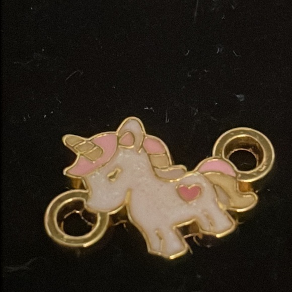 0.75” gold tone white pink enamel unicorn charm pendant with double jump hoop - Picture 3 of 9